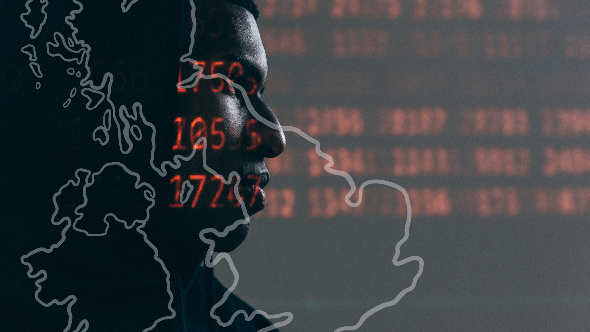 Image of a man against a dark backdrop with computer code and the UK outline