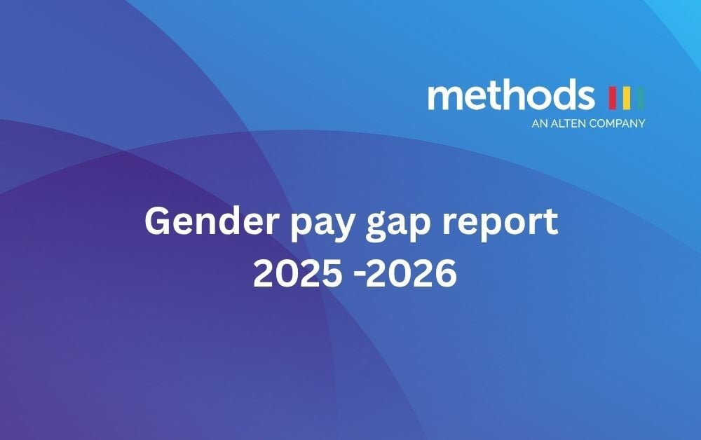 Title slide gender pay gap report 2025 to 2026 with Methods logo on a Methods themed shades of blue backgroun 