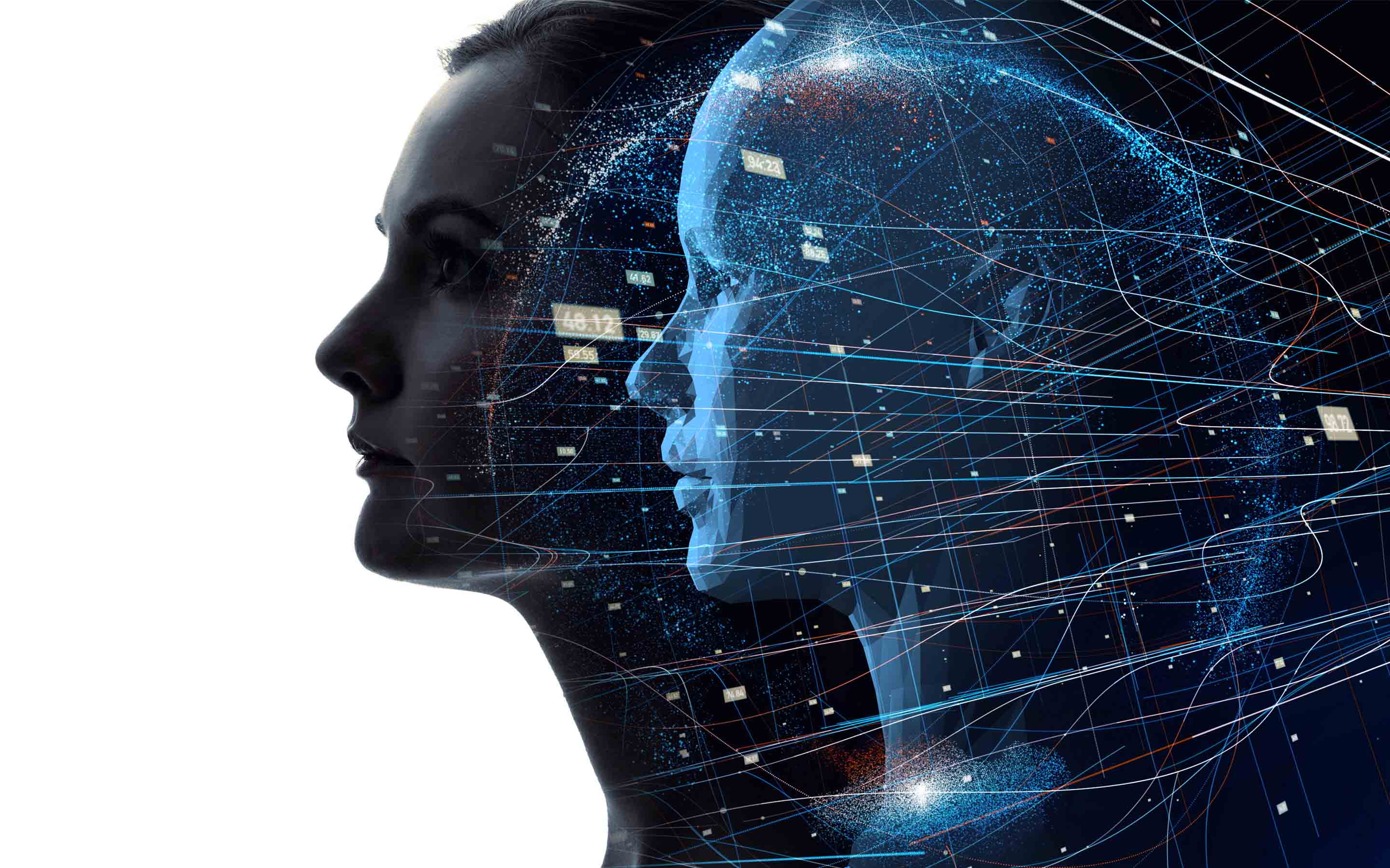 Abstract view of android head in front of human head on digital circuitry
